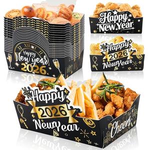 Animsco 36Pcs Happy New Year Snack Trays Disposable Food Holder New Year's Eve Themed Party Suppiles Popcorn Trays for Black Gold Party Decoration