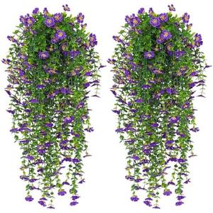 RECUTMS Outdoor Fake Flowers Artificial Hanging Plants Faux Silk Shrubs Plastic Greenery for Living Room House Wall Window Porch Office Wedding Decor 4Pcs UV Resistant (Purple)