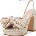 VETASTE Women's Pleated Bow Knot Platform Heeled Sandals Open Toe Chunky Block Heel Ankle Buckle Strap Bridal Wedding Dress Shoes (8, Beige)