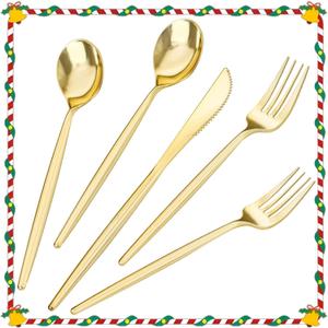 LIYH 360 Pcs Gold Christmas Plastic Silverware - Elegant Gold Silverware Disposable Christmas Utensils Set for Weddings, Parties & Events - Includes Forks, Spoons, Knives, Cutlery Tableware