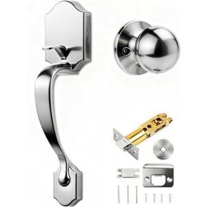 Front Door Knob Handleset, Entry Door Handle Set with Cove Knob for Right and Left Handed Sided Doors, Interior and Exterior Entrance Passage Lock, Lower Half Grip, Satin Nickel
