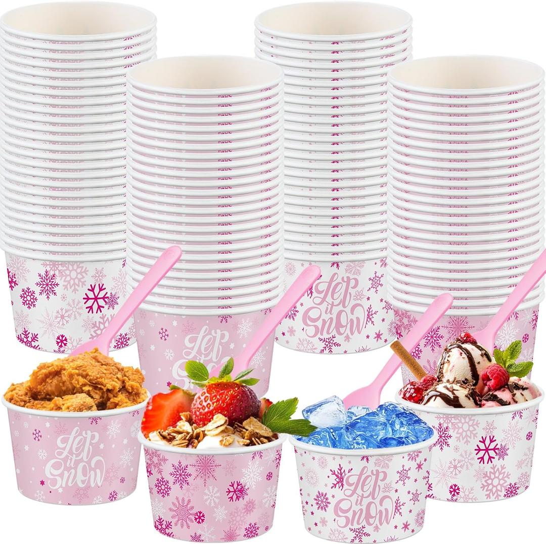 100 Pcs Pink Snowflake Soup Cups with Spoons 9 oz Winter Disposable Ice Cream Bowls Valentine's Day Paper Treat Snack Dessert Cups for Winter Holiday Hot or Cold Food Party Favor Supplies