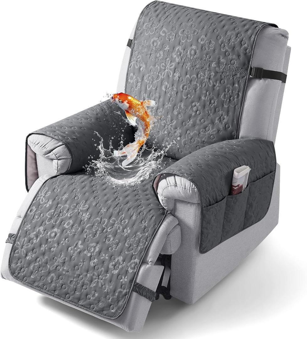 VANSOFY 100% Waterproof Recliner Chair Cover, Recliner Cover with Non-Slip Granule, Washable Reclining Chair with Pocket Furniture Protector for Kids, Pets(Dark Gray, 23")