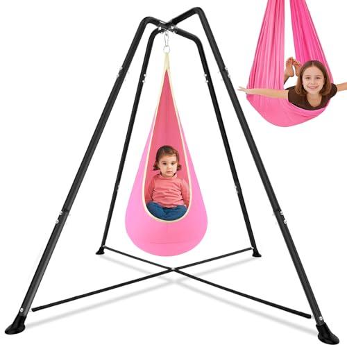 Lingvee Sensory Swing Stand Frame with Pod Chair and Swings Set Kid Heavy Duty Metal Swing Stands Autism Hammock Chair Stand Tree Saucer Round for Kid Adult Indoor Outdoor Backyard Park(Pink)