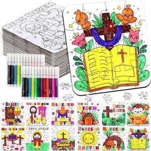 24Pcs Christian Easter Crafts for Kids Ages 4-8, Religious Easter Puzzle Jesus He Is Risen, Bible Jigsaw Arts Gifts for Classroom DIY Activity,  ONLY WHATS IN PICTURE NO CRAYONS ETC ONLY PUZZLES