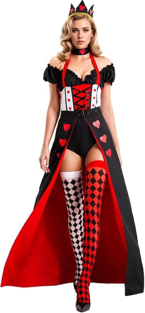 Queen of Hearts Costume Women Halloween Costume Woman 2025 Alice in Wonderland Outfits Fancy Cosplay Dress for Adult (X-Large, Red)