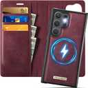 Wallet Case for Samsung Galaxy S25 Ultra Compatible with Magsafe, 2-in-1 PU Leather Flip RFID Blocking Card Holder Stand Shockproof Magnetic Detachable Cover for Galaxy S25 Ultra, Burgundy
