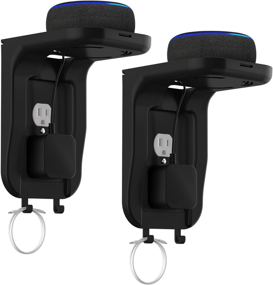 Suptek Wall Outlet Shelf 2 Pack,Home Wall Shelf Organizer for Outlets,Perfect for Bathroom, Kitchen, Bedrooms,Hold Cell Phone,Speaker up to 20lbs,With Cable Management and Detachable Hooks,Black(S3B2)