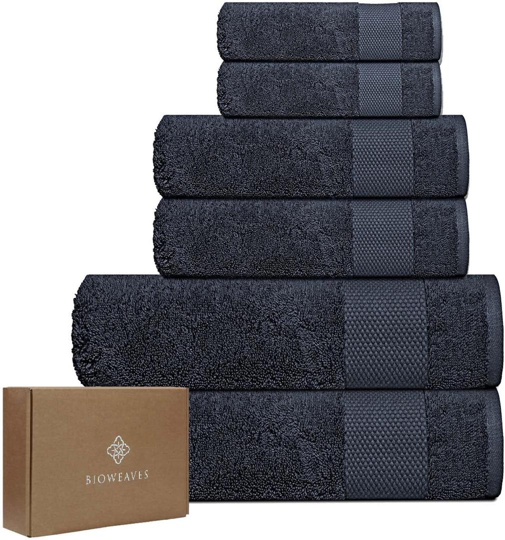 BIOWEAVES 100% Organic Cotton 700 GSM Plush 6-Piece Towel Set GOTS Certified, 2 Bath Towels, 2 Hand Towels & 2 Washcloths - Charcoal (6 Pc Towel Set)