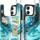 Shorogyt Compatible with iPhone 11 Wallet Case with Card Holder - Designer Marble Pattern Kickstand Magnetic Clasp Back Flip Folio Leather Phone Covers for Women Men Girls Cyan