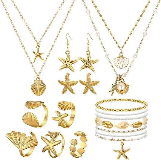 Tondiamo 18 Pcs Seashell Starfish Jewelry Set for Women Seashell Earrings Rings Boho Mermaid Layer Charm Necklace Beach Bracelets Natural White Anklet Set for Summer Mermaid Accessories