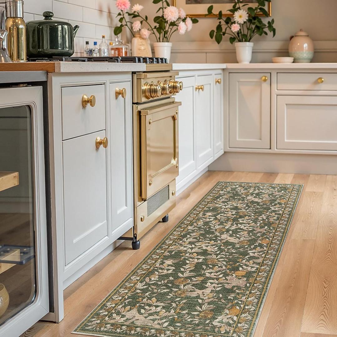 jinchan Eden Floral Washable Runner Rug 2x6 Vintage Hallway Rug Non-Slip Lightweight Soft Thin Kitchen Low Pile Distressed Orange Green Carpet for Bathroom Laundry Room Bedroom Entryway