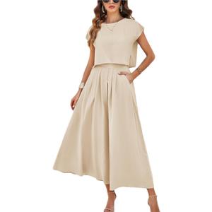 HangNiFang Summer Skirt Sets Women 2 Piece Outfits Cap Sleeve Top Elastic Waist Maxi Dress Sets with Pockets (Blue, L)