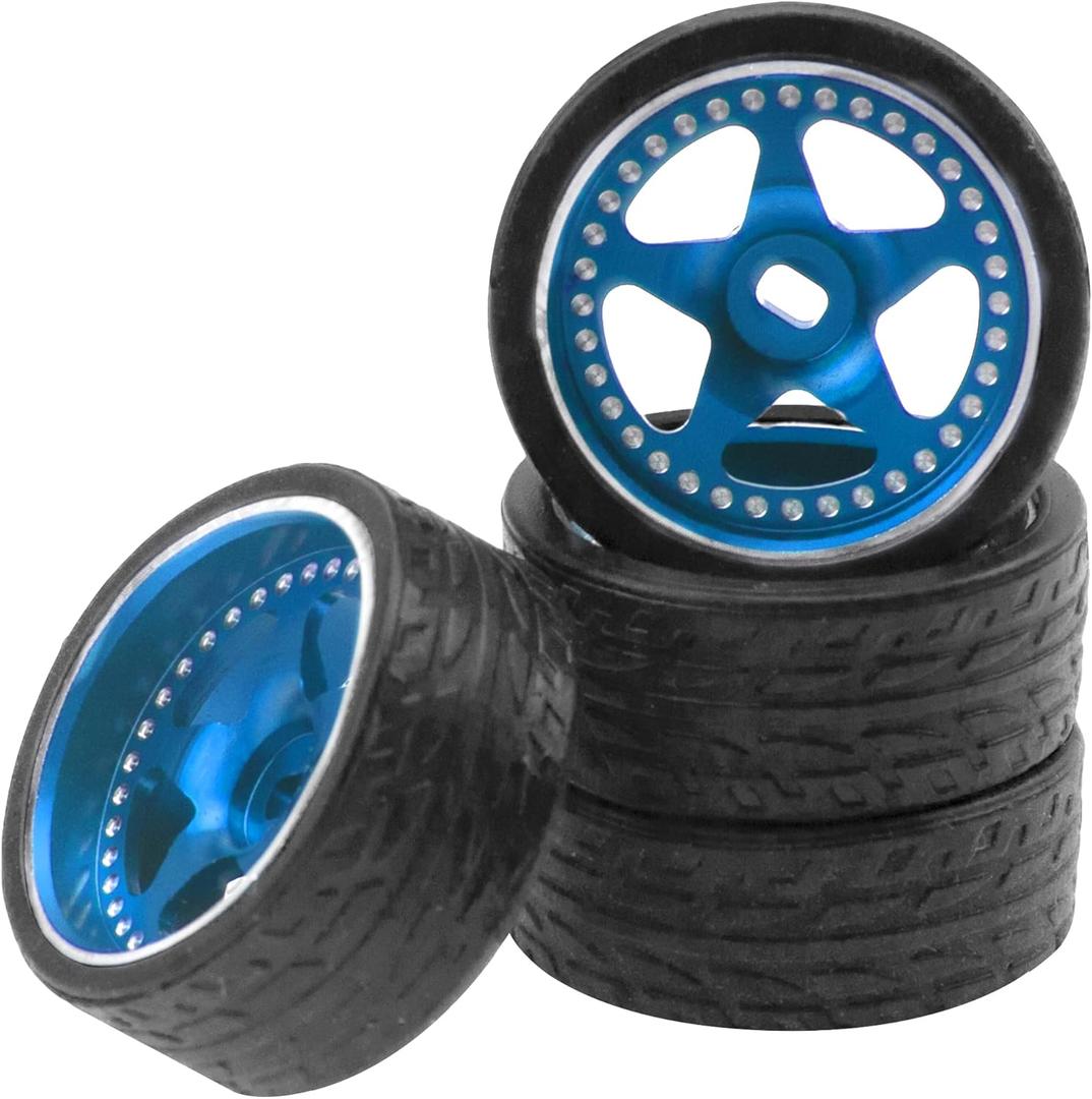 4PCS ShareGoo Metal 1/28 Wheel Rims & Rubber Racing Tires 5-Spoke Compatible with Wltoys K969 K989 P929 Kyosho Mini-Z Mini-Q Mini-D 1/28 RC Car (Blue)