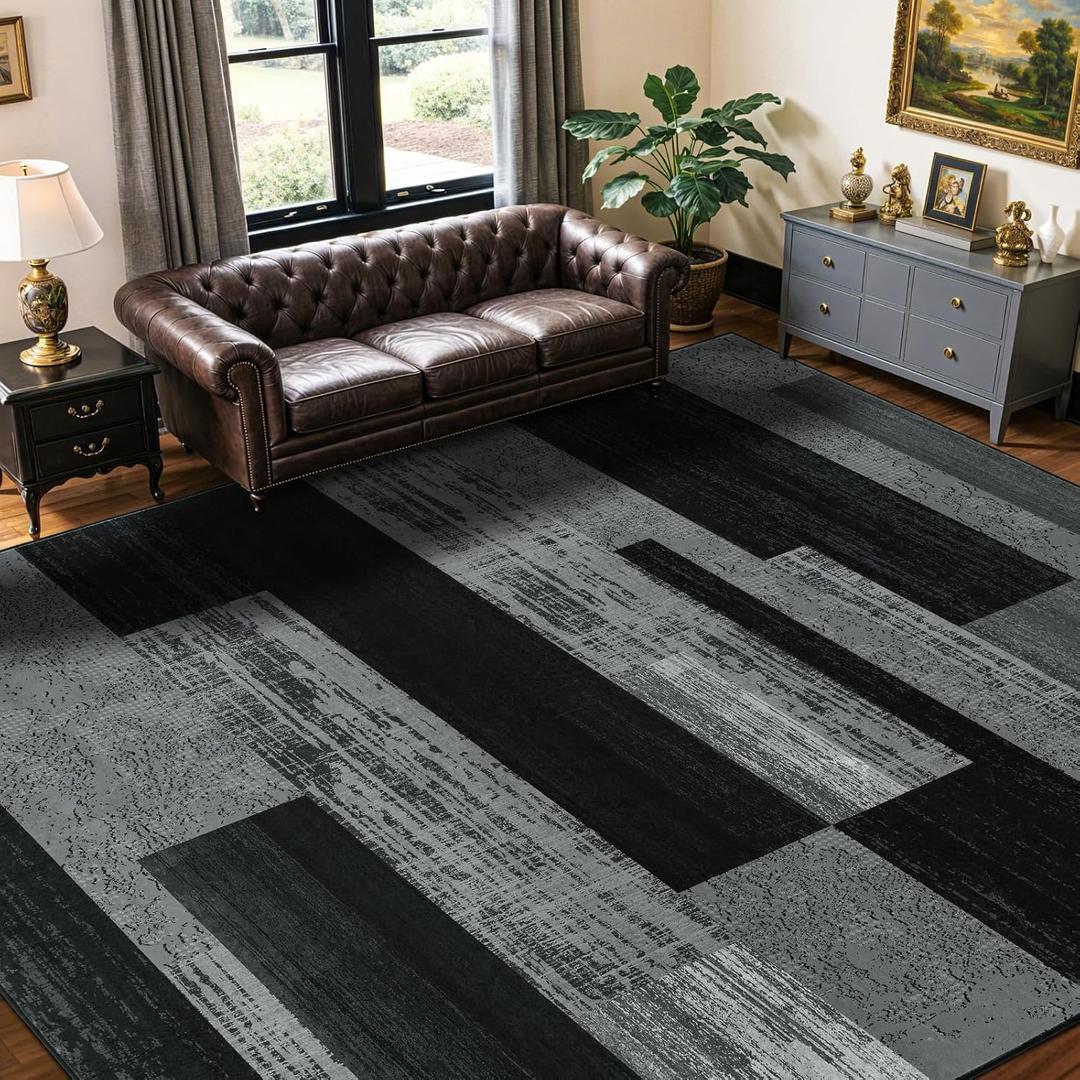LIANLAM 9x12 Washable Area Rugs for Living Room & Bedroom(9x12,Black&Gray) | Non-Slip Large Carpet,Vintage Checkered Pattern, Stain Resistant Faux Wool Low Pile Soft Rug for Dining Room,Office,Nursery