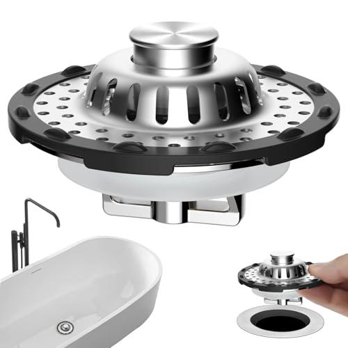 Universal Bathtub Drain Stopper Shower Drain Hair Catcher, Tub Stopper with Visible Top Strainer, Upgraded 3 in 1 Pop-up Drain Plug Fit for 1.5 to 2.4" Hole, Stainless Steel Filter Basket, Chrome