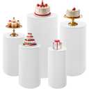 Fivenl 5 Pcs Metal Pleated Cylinder Pedestal Stands for Party, Heavy Duty White Round Cake Pedestal Stand Flower Plant Display Plinth Pillars for Wedding Birthday Event Decor, 1 piece 35.63” H x 15.75” D, 1 piece 29.72” H x 14.17” D, 1 piece 23.82” H x 12.6” D, 1 piece 21.85” H x 11.02” D, and 1 piece 19.88” H x 9.45” D