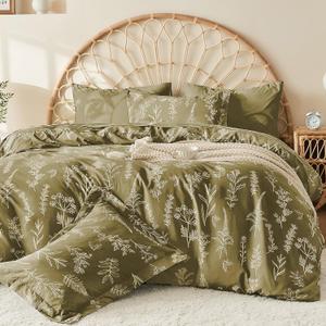 MUXHOMO Duvet Cover King Size, Reversible Floral Olive Green Duvet Cover Set with Zipper Closure, 3 Pieces Botanical Patterns Soft Microfiber Bedding Set (90"x104", 2 Pillow Cases 20"36")