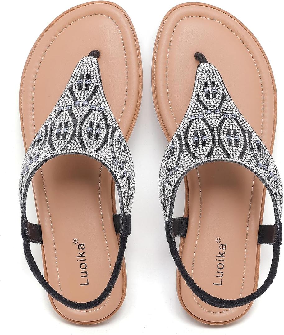 Luoika Women's Wide Width Flat Sandals, Flip Flop Thong Strappy Rhinestone Comfortable Summer Beach Shoes 8.5