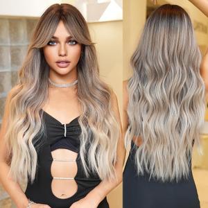 PARK YUN Long Wavy Ash Brown Blonde Wigs with Bangs 28 Inch Reverse Ombre Dirty Blonde Curtain Bangs Synthetic Heat Resistant Wig with Highlights Natural Looking Ombre Grey Wigs for Women