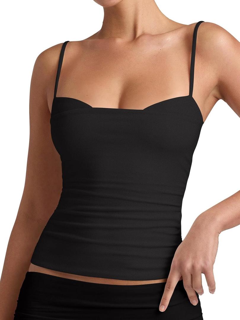 PINKMSTYLE Womens Runched Adjustable Spaghetti Strap Camisole Tank Tops Sleeveless Double Lined Slim Fit Tops (Black, XS)