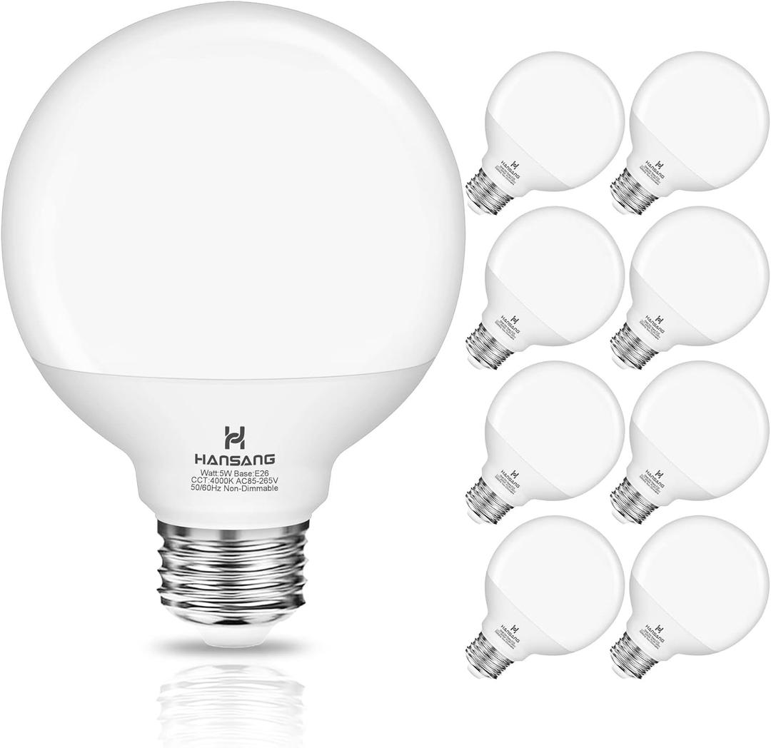 hansang 8 Pack Vanity Light Bulbs 4000K Natural Daylight G25 LED Bulb E26 Base, Globe 60W Incandescent Equivalent, Vanity Mirror Round Light Bulbs for Bathroom, 500LM, Non-Dimmable