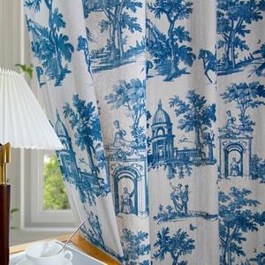 Blue Toile Curtains for Living Room 84 Inch Length 2 Panels Set Linen Toile de Jouy French Country Vintage Victorian Window Curtain Drapes for Bedroom Rod Pocket