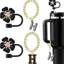 Straw Covers for Stanley Cup Accessories: Black Decorations for Stanley 30 oz & 40 oz Tumbler with Handle, Bling Letter Charms and Flower Silicone Straw Cap Topper, Trendy Stuff for Teen Girls & Women, Pack Of 2 