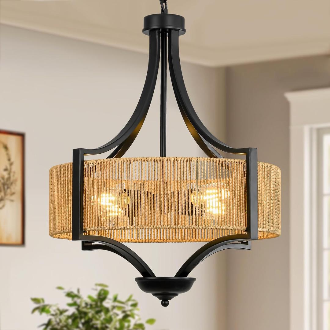 4-Light Rattan Chandelier Light Fixture, 18 Black Metal and Hand-Woven Wicker Shade, Semi-Flush Mount Boho Farmhouse Pendant Lighting for Dining Room, Living Room, Kitchen Island, Bedroom