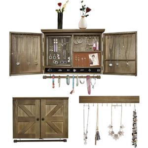 Rustic Wall Mounted Jewelry Organizer with Wooden Barndoor Decor,Wooden Wall Mount Holder,Jewelry holder for Necklaces, Earings, Bracelets, Ring Holder(NATURAL WOOD)