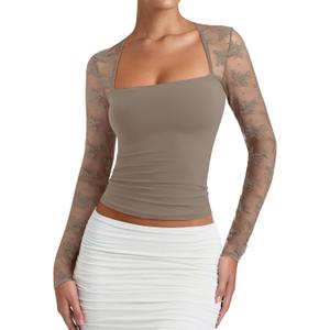 PINKMSTYLE Women Sexy Square Neck Lace Long Sleeve Tops (Brown)