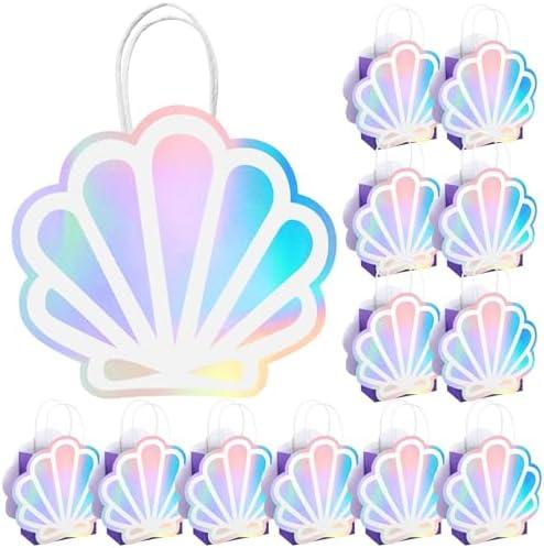 Locmeo 24 Pack Holographic Shell Gift Bags Mermaid Party Favor Bags with Iridescent Shell Cards for Mermaid Themed Supplies Ocean Under the Sea Party Favors