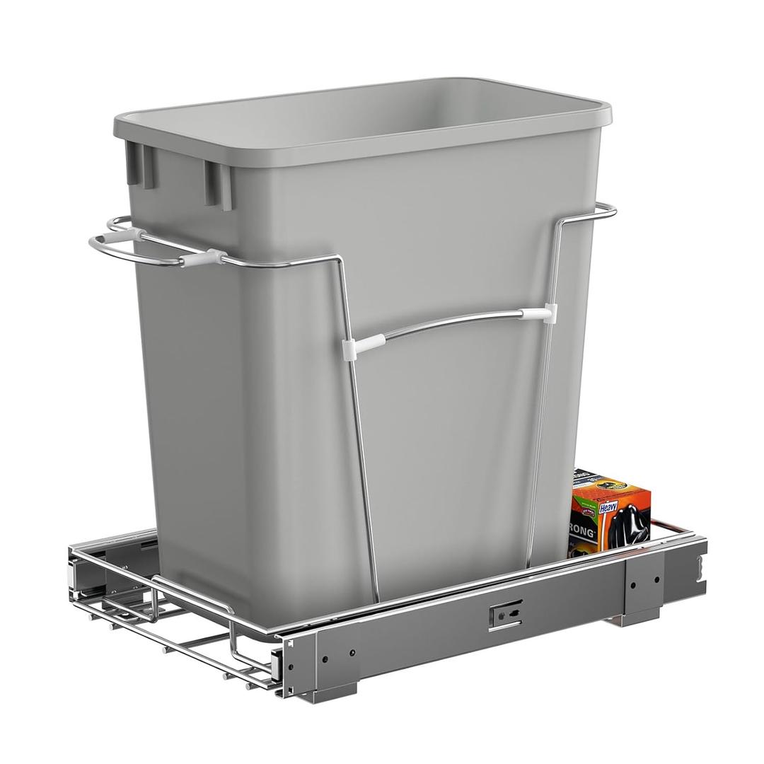 Pull Out Trash Can for Kitchen Cabinets, 35 Qt Under Sink Garbage Bin with Full Extension Slides, Fits 13" W x 18" D Opening Cabinets, Heavy-Duty Steel Organizer, Silvery (Trash Can Not Included)