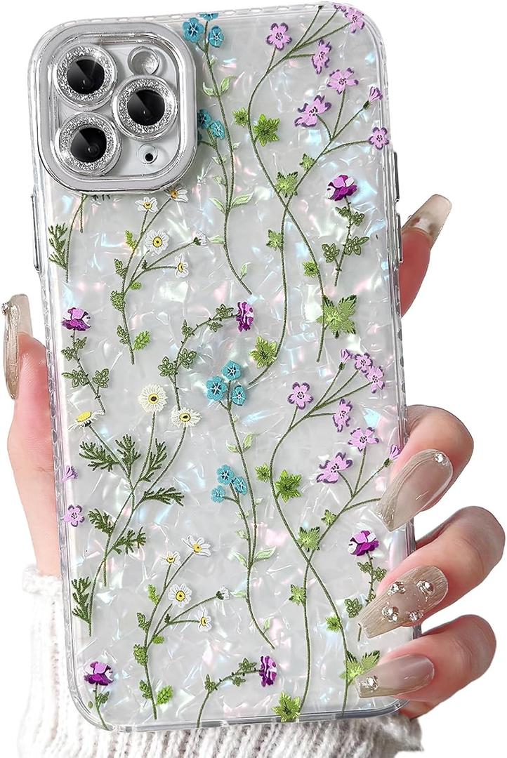 NITITOP Compatible with iPhone 11 Pro Case Cute Flower Floral Shell Textures for Girls Women Soft TPU Slim Hard Back with Lens Protective Phone Cover - Cirrus