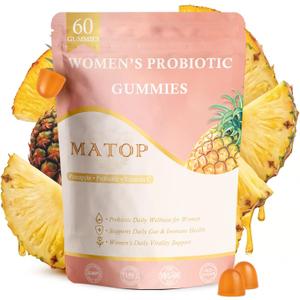 MATOP Womens Probiotic Pineapple Gummies Gut Health & pH Balance Daily Digestive Feminine Wellness, Vegan Sugar-Free, 60 Count (EXP 10/06/27)