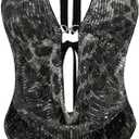 Verdusa Women's Cheetah Print Sequin Top Y2K Tie Back Corset Halter Going Out Crop Tops (Medium, Black)
