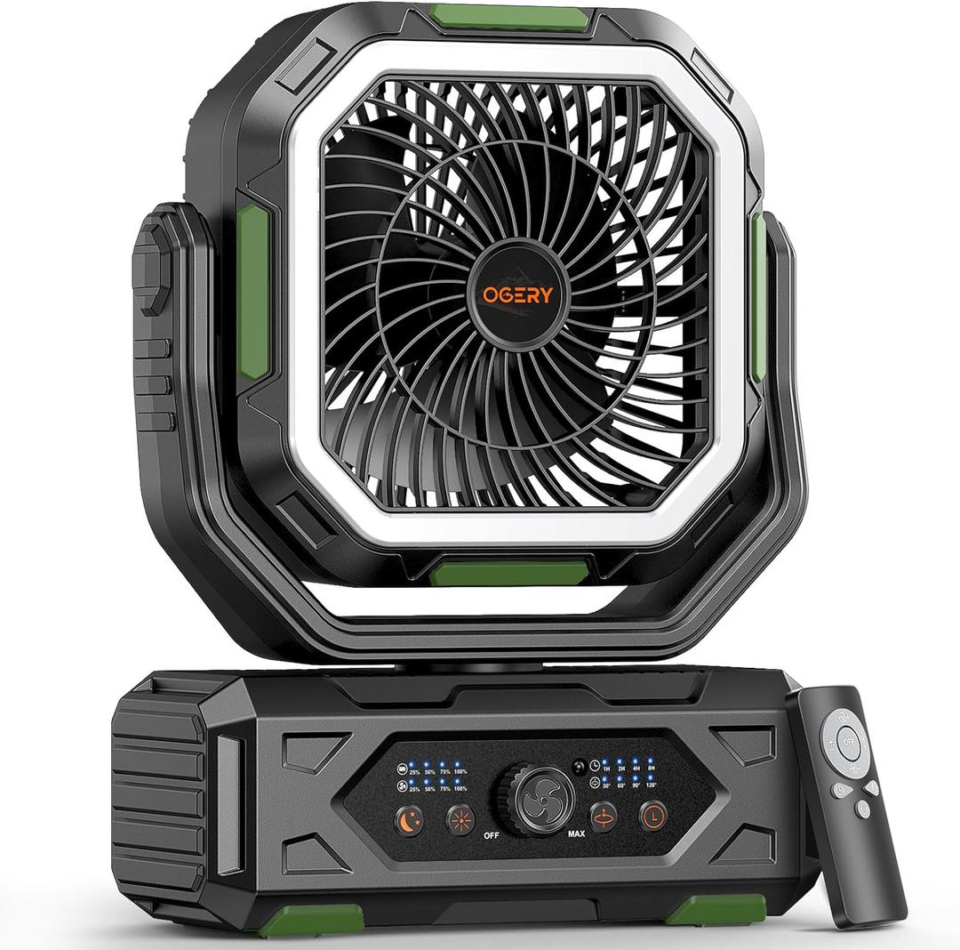 OGERY 2025 Upgraded Camping Fan, Portable Rechargeable Fan with 20000mAh Battery Powered, Stronger Wind, Stepless Speed Regulation, Fast Charging for Tent, Travel, Car, Outdoor Camping Essentials (Black&Green)