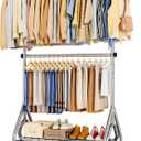 Double Rods Clothing Rack, Heavy Duty Clothes Rack for Hanging Clothes Load 560LBS, Metal Rolling Garment Racks with Wheels, Freestanding Clothes Hanging Racks, Silver