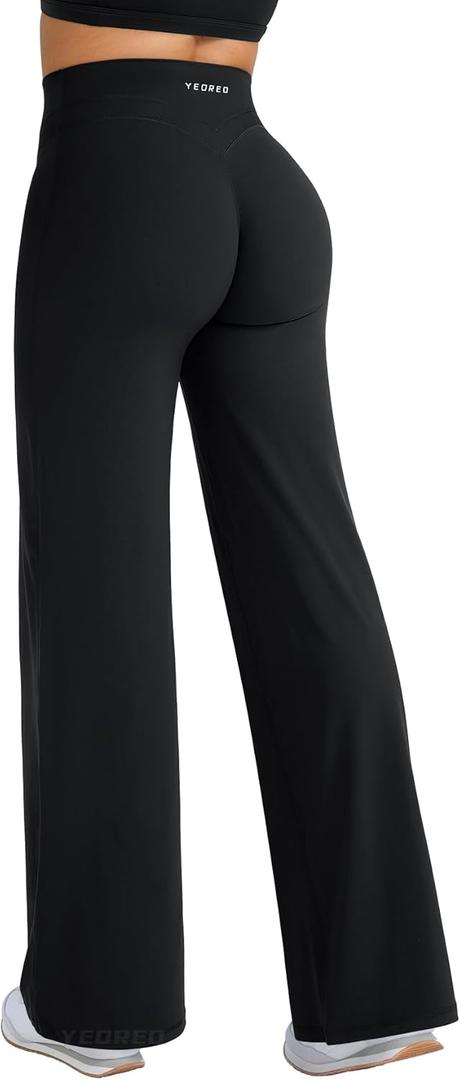 YEOREO Straight Leg Workout Leggings Hidden Scrunch High Waist Gym Pants No Front Seam Wide Leg Yoga Pants (Small, Black)