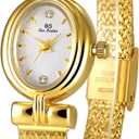 Gosasa Luxury Women Vintage Bracelet Wrist Watch Dainty Small Ladies Oval Quartz Watch Mesh Strap with Tools Included (A Gold White)