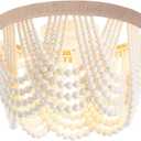 Boho Wood Beaded Chandelier, Flush Mount Ceiling Light,Farmhouse Rustic Jute Wooden Bead Chandeliers Fixture for Drawing RoomBedroom,Hallway, Entryway,Dining Room(3-Light)