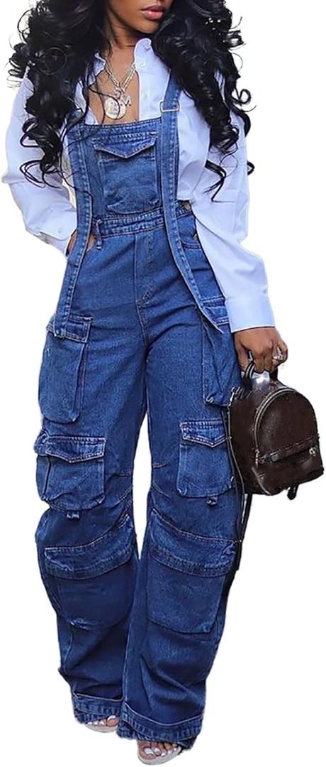 Vaceky Women's Bib Denim Overalls Elastic Waist Straight Leg Y2K Cargo Jeans Summer Jumpsuit with Pockets (Large, Blue)