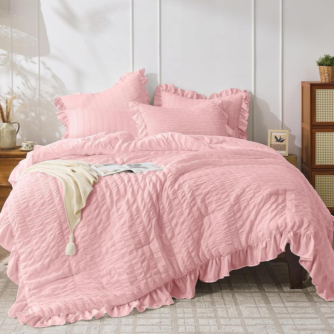 JOLLYVOGUE Pink Seersucker King Comforter Set, 3 Pieces Bed in a Bag Comforter Set, Lightweight & Fluffy Bedding Sets King for All Season with 1 Ruffle Comforter and 2 Ruffle Pillowshams