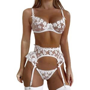 Kaei&Shi Bridal Lingerie,Floral Lace Ruffle Garter Lingerie Set,3 Piece Bachelorette Outfit For Bride Wedding Night Honeymoon (8-10, White), S