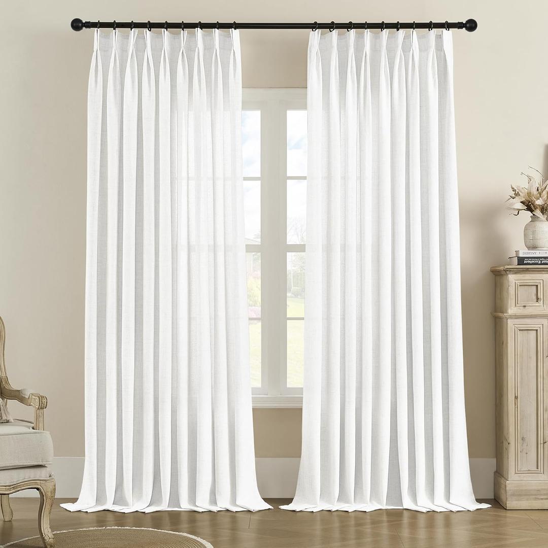 MASWOND Extra Long Pinch Pleated Sheer Curtains for Living Room 52 x 120 Inches 2 Story Light Filtering Pleat Drapes for Sliding Patio Door High Ceiling Pleat Curtain with Hooks (1 Panel, White)