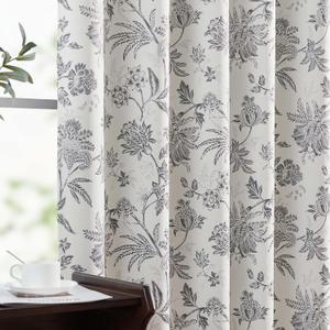 Vangao 100% Blackout Curtains for Bedroom 96 Inches Long, Floral Curtains for Living Room Printed Flower Blackout Drapes Leaf Thermal Farmhouse Drapes Window Treatments, 2 Panels Grey and White