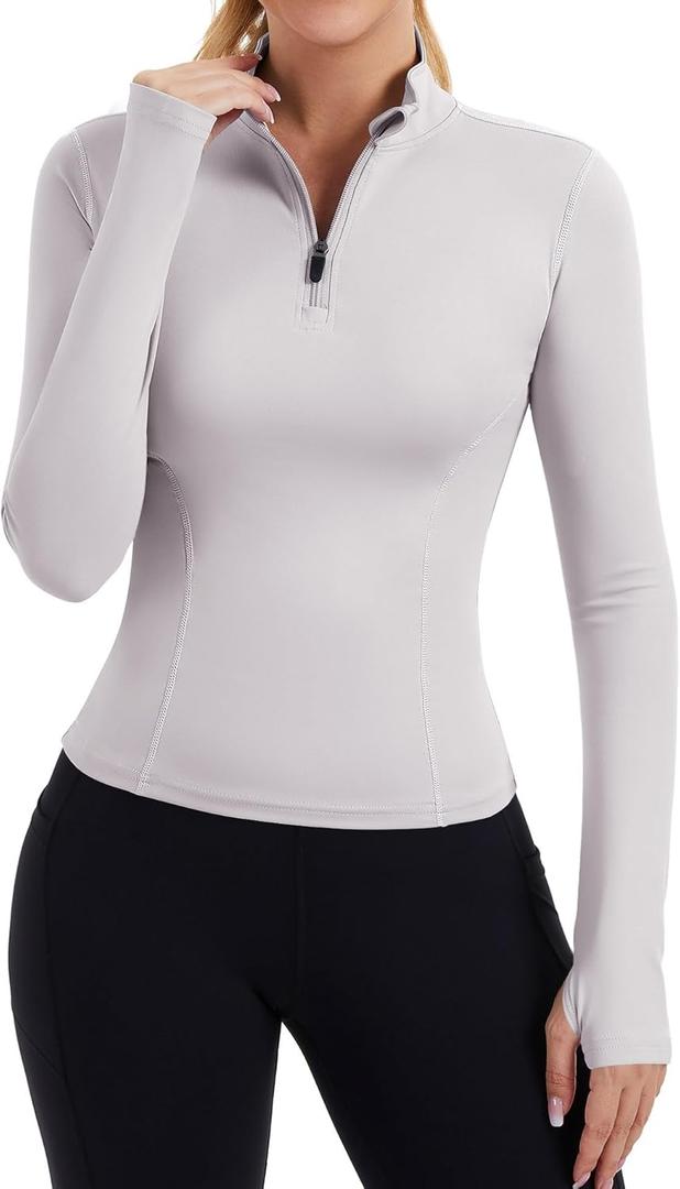 ZHENWEI Womens Workout Tops Long Sleeve Quarter Zip Pullover Quick Dry Golf Shirt Athletic Slim Fit Crop Yoga Gym Tops (Small, Ivory Grey)