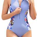 SHEKINI Women's Racer Back Zip Removable Bust Pads Bathing Suit Rash Guards Sleeveless One Piece Swimsuits(Glacial Blue Print, Small) (S)