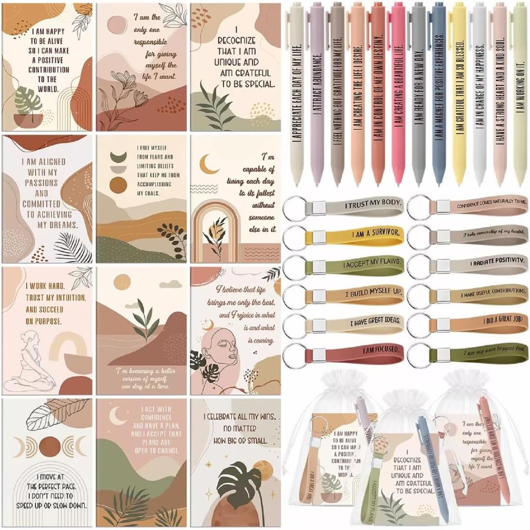 Mooliwe Positive Affirmation Gift Set Gratitude Notebooks with Pens Keychains Small Bags Motivational Party Favors for Adult Women Coworkers Employee Group(12 Set,Groovy)