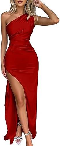 Memoriesea Women's Sexy One Shoulder High Split Cocktail Wedding Party Maxi Dress, Medium